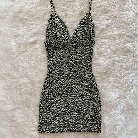 AFRM Green Leopard Smocked V-Neck Cocktail Dress - Picture 7 of 9
